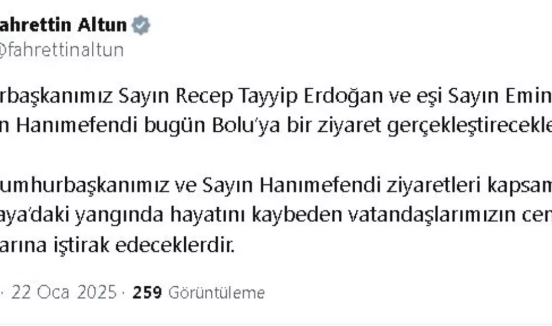 Cumhurbaşkanı Erdoğan, Bolu'da meydana gelen yangında hayatını kaybedenler için düzenlenecek