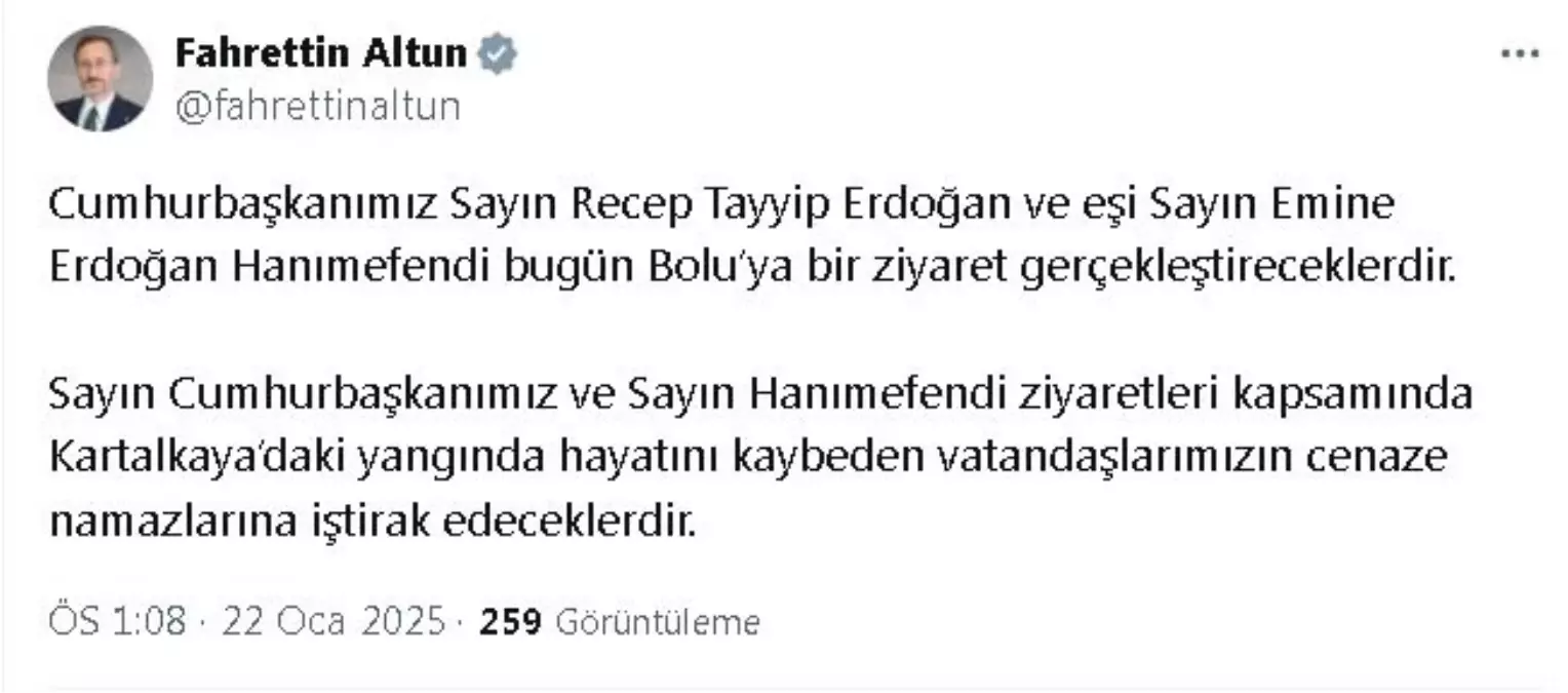 Cumhurbaşkanı Erdoğan, Bolu'da meydana gelen yangında hayatını kaybedenler için düzenlenecek