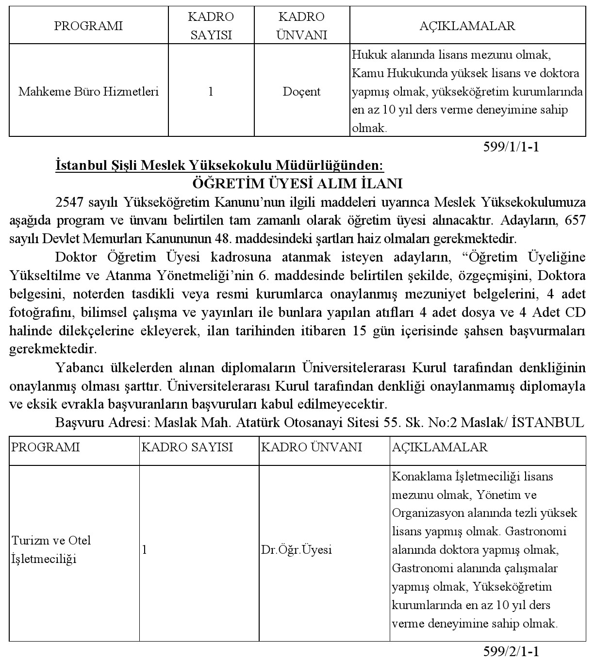 İstanbul Şişli Meslek Yüksekokulu Müdürlüğünden: